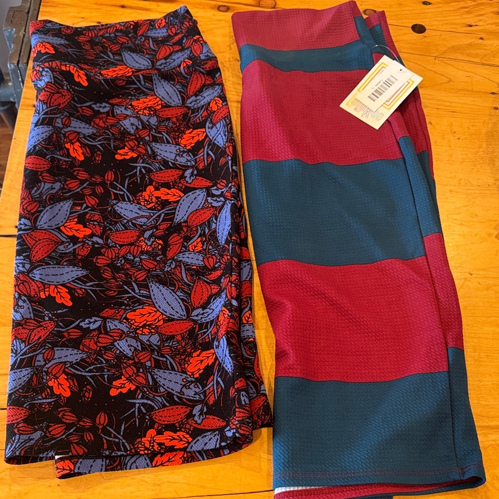 LuLaRoe Blue and Red Leaf Print Skirt and Burgundy Striped Skirt